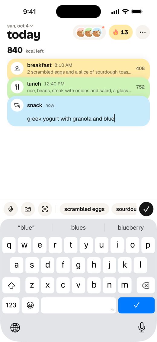 capi today: breakfast and lunch logged, a snack typed like a message