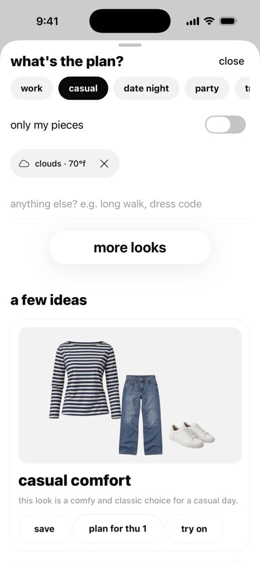 dressd style me: occasions to choose from, the weather and a look built from the closet