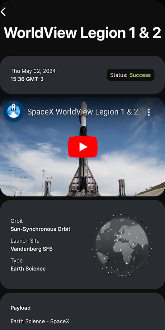 Liftoff launch page with mission, orbit, launch site and live stream